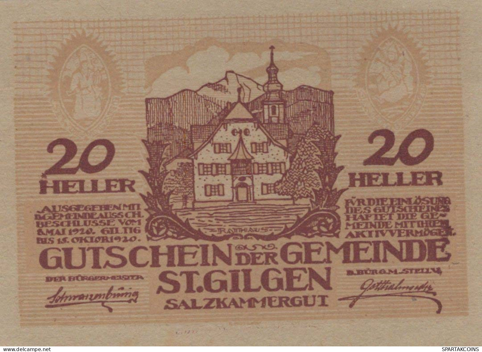 20 HELLER 1920 Stadt SANKT GILGEN Salzburg Österreich Notgeld Papiergeld Banknote #PG791 - Lokale Ausgaben