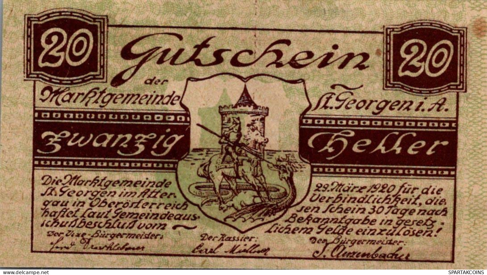 20 HELLER 1920 Stadt SANKT GEORGEN IM ATTERGAU Oberösterreich Österreich UNC #PH054 - [11] Local Banknote Issues