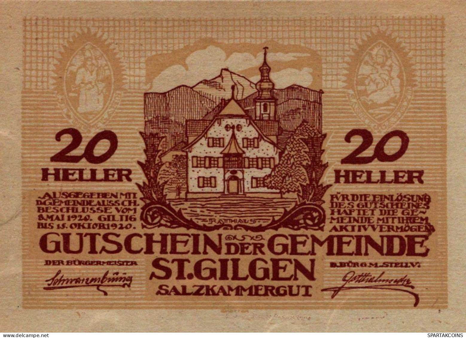 20 HELLER 1920 Stadt SANKT GILGEN Salzburg Österreich Notgeld Banknote #PE603 - [11] Local Banknote Issues