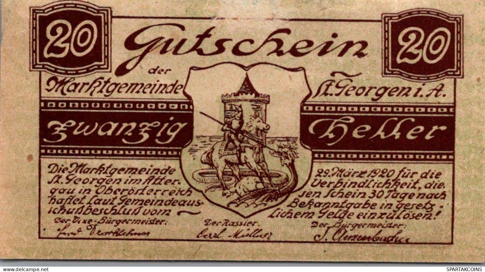 20 HELLER 1920 Stadt SANKT GEORGEN IM ATTERGAU Oberösterreich Österreich #PI423 - Lokale Ausgaben