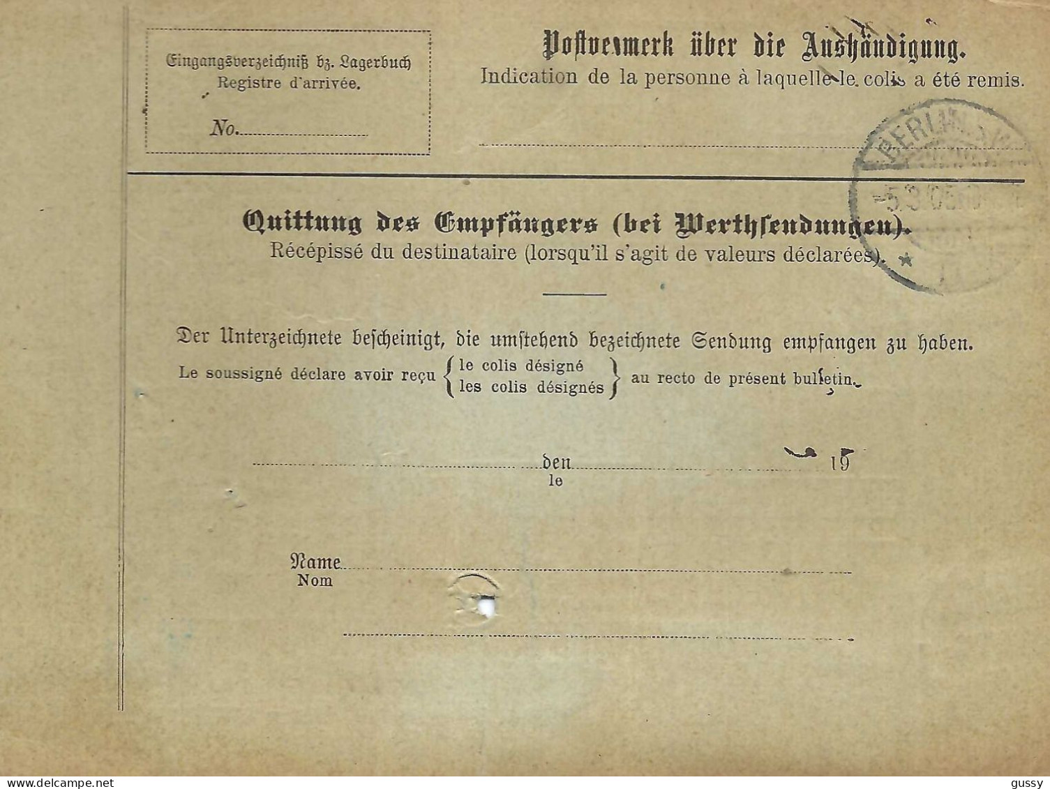 ALLEMAGNE Ca.1905: Bulletin D'Expédition CR De Berlin Pour Genève (Suisse) - Lettres & Documents