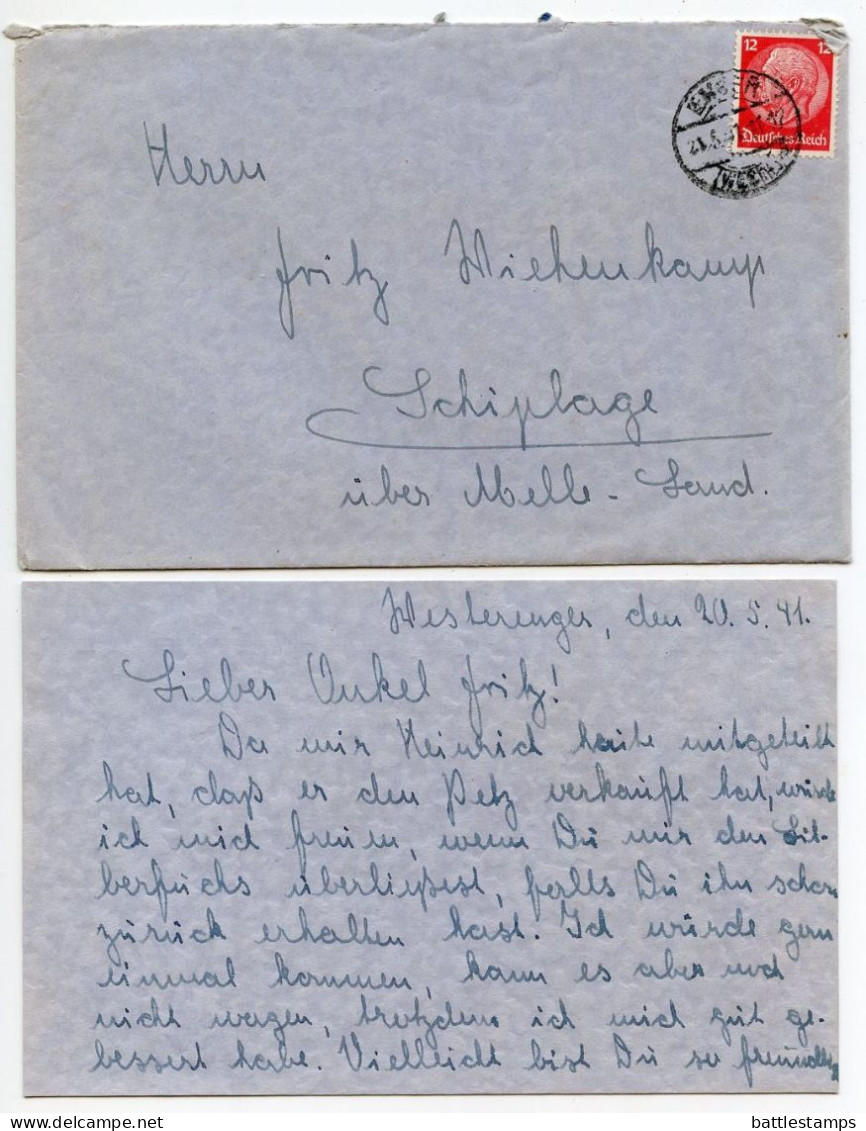 Germany 1941 Cover & Letter; Enger To Schiplage; 12pf. Hindenburg - Briefe U. Dokumente