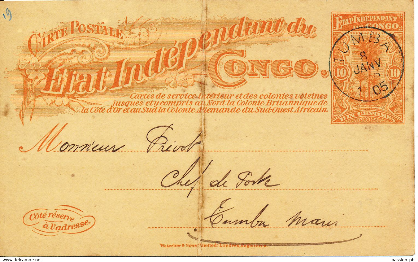 BELGIAN CONGO SBEP 18a TUMBA 08.01.1905 VERS TUMBA MANI PLI VERTCAL - Stamped Stationery