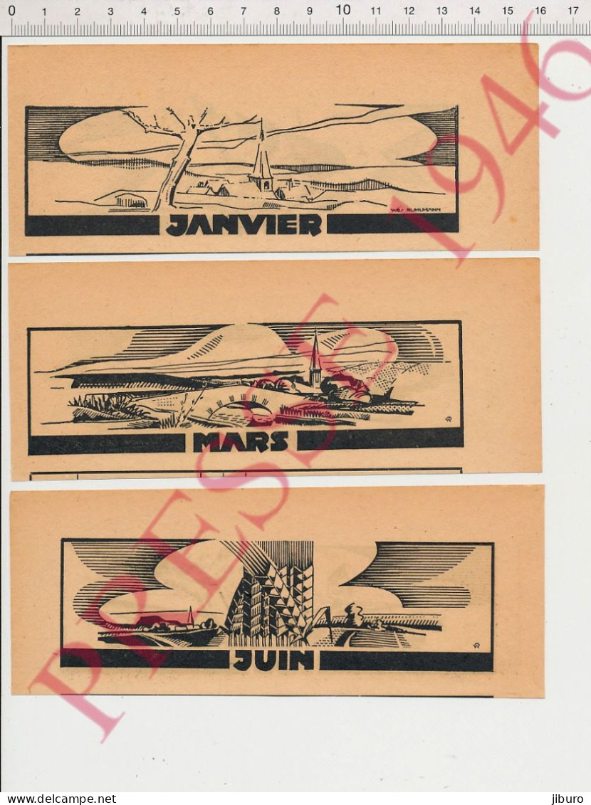 12 Gravures 16 X 6,5 Cm Dessin Yves Ruhlmann Mois Année Janvier Février Mars Avril Mai Juin Juillet Août Septembre Etc . - Non Classés