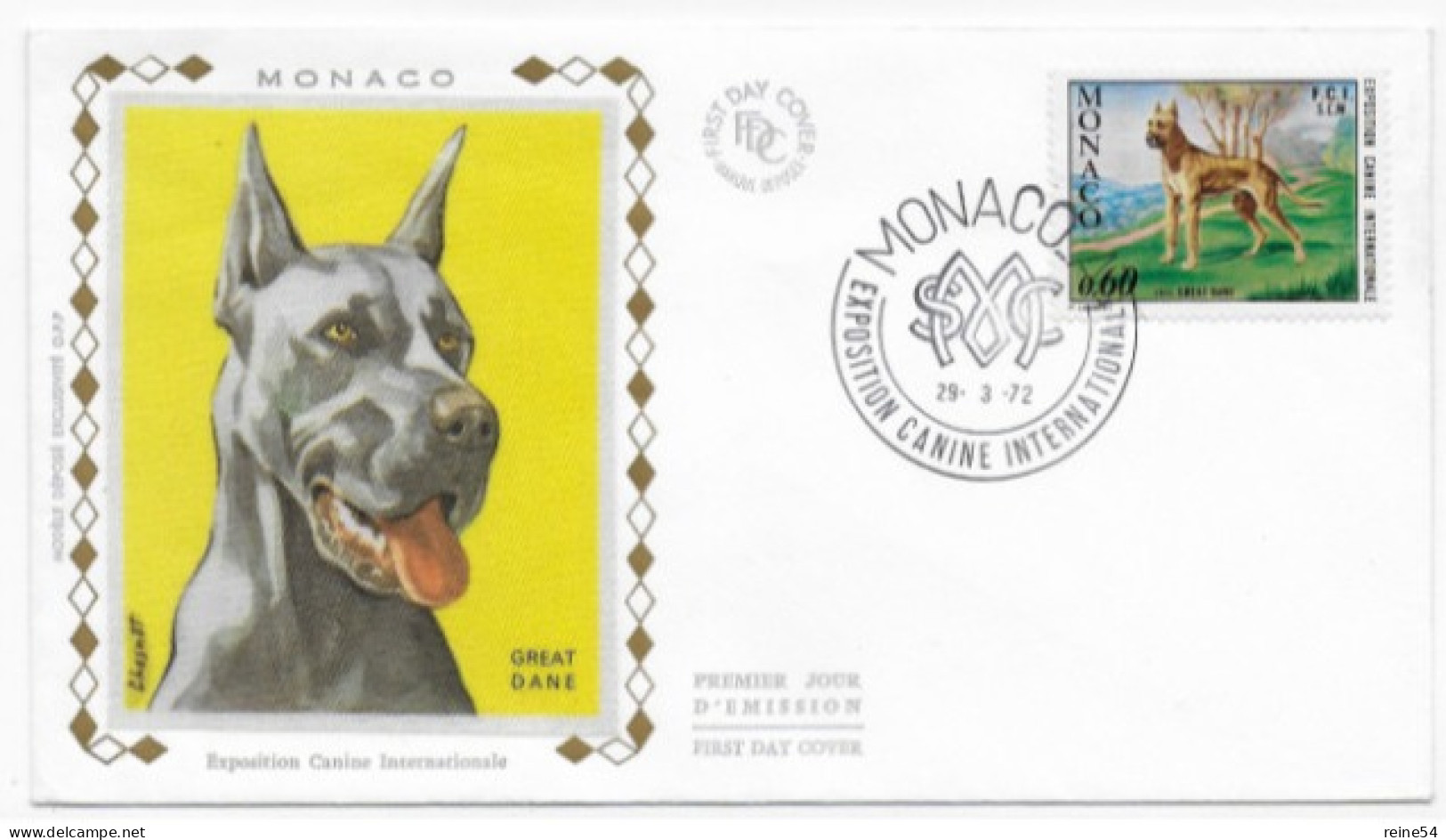 Enveloppe Premier Jour - Exposition Canine Internationale - Great Dane 29-03-1972 Monaco (chien) - Gebruikt