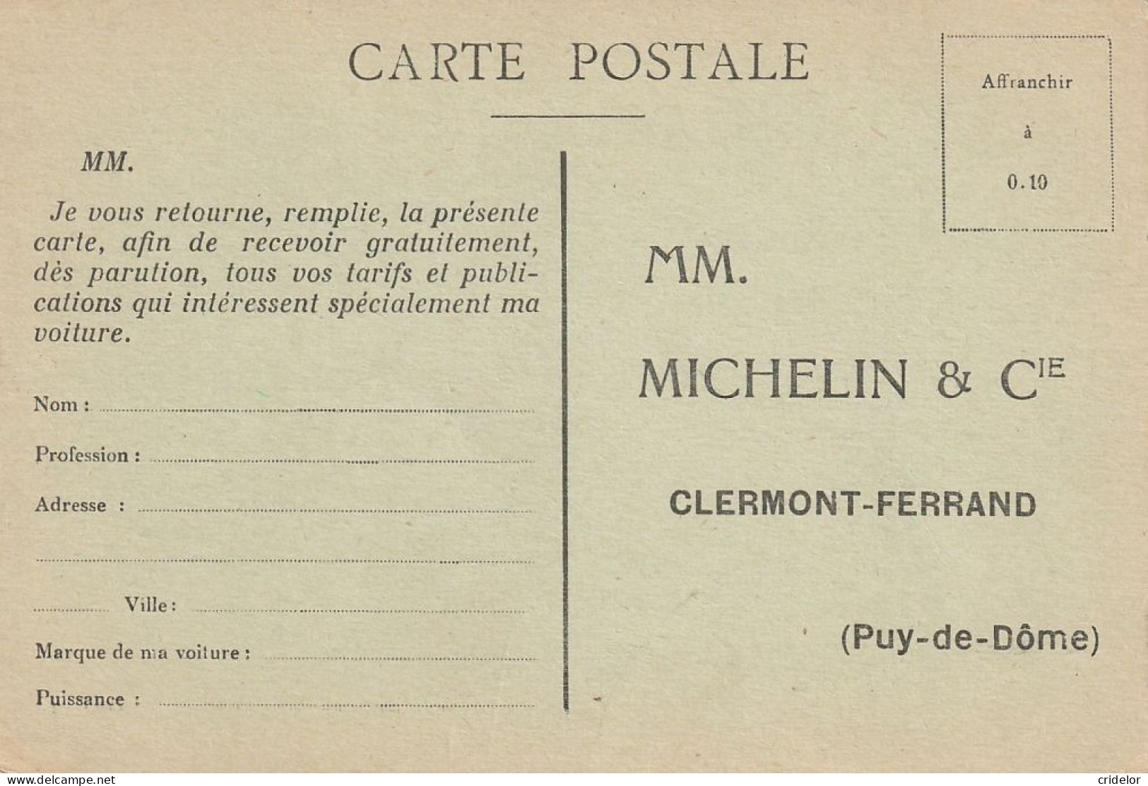 63 - CLERMONT-FERRAND - AU VERSO COURRIER A MICHELIN ET CIE - DEMANDE TARIFS ET PUBLICATIONS - SUR CARTE DE 67 OBERNAI - Clermont Ferrand