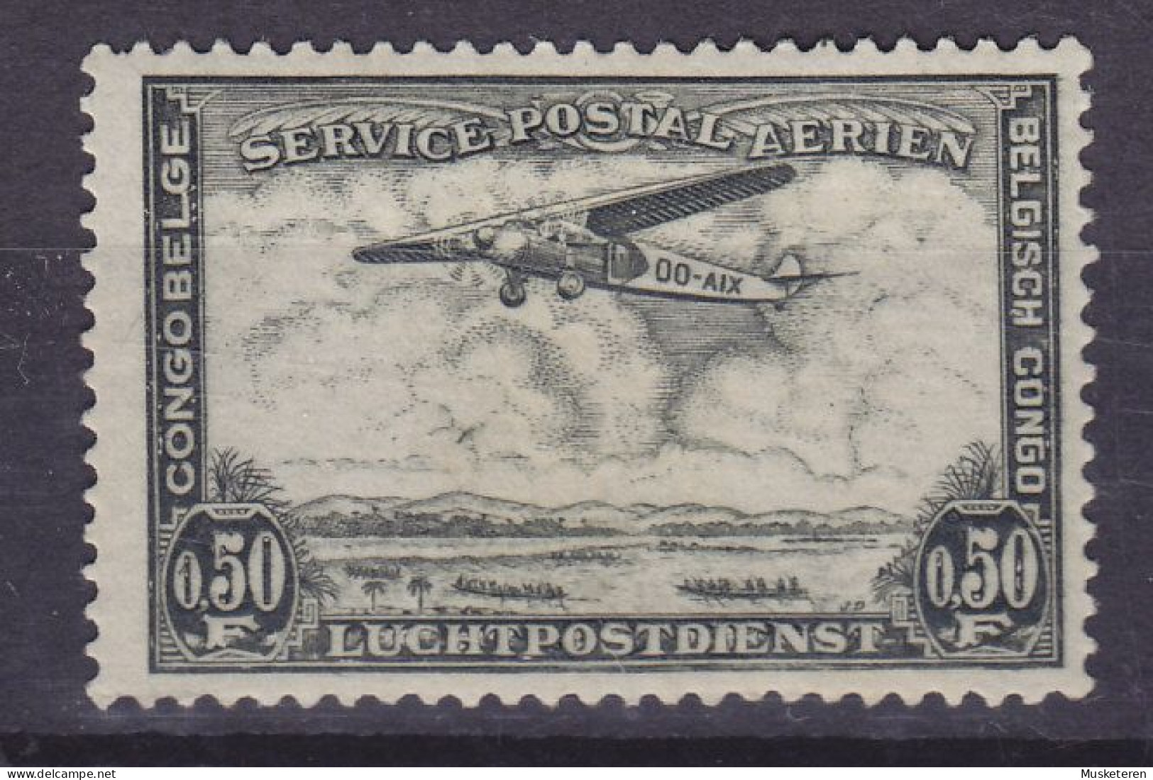 Belgian Congo 1934 Mi. 147, 0.50 Fr. Aeroplane Flugzeug Fokker FVII über Landschaft, ERROR Variety 'Missing Colour', MH* - Neufs