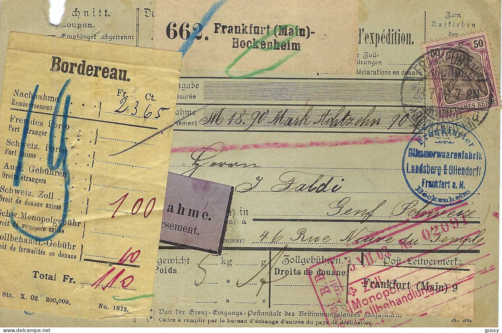 ALLEMAGNE Ca.1905: Bulletin D'Expédition CR De Frankfurt-Beckenheim (Main) Pour Genève (Suisse) - Covers & Documents