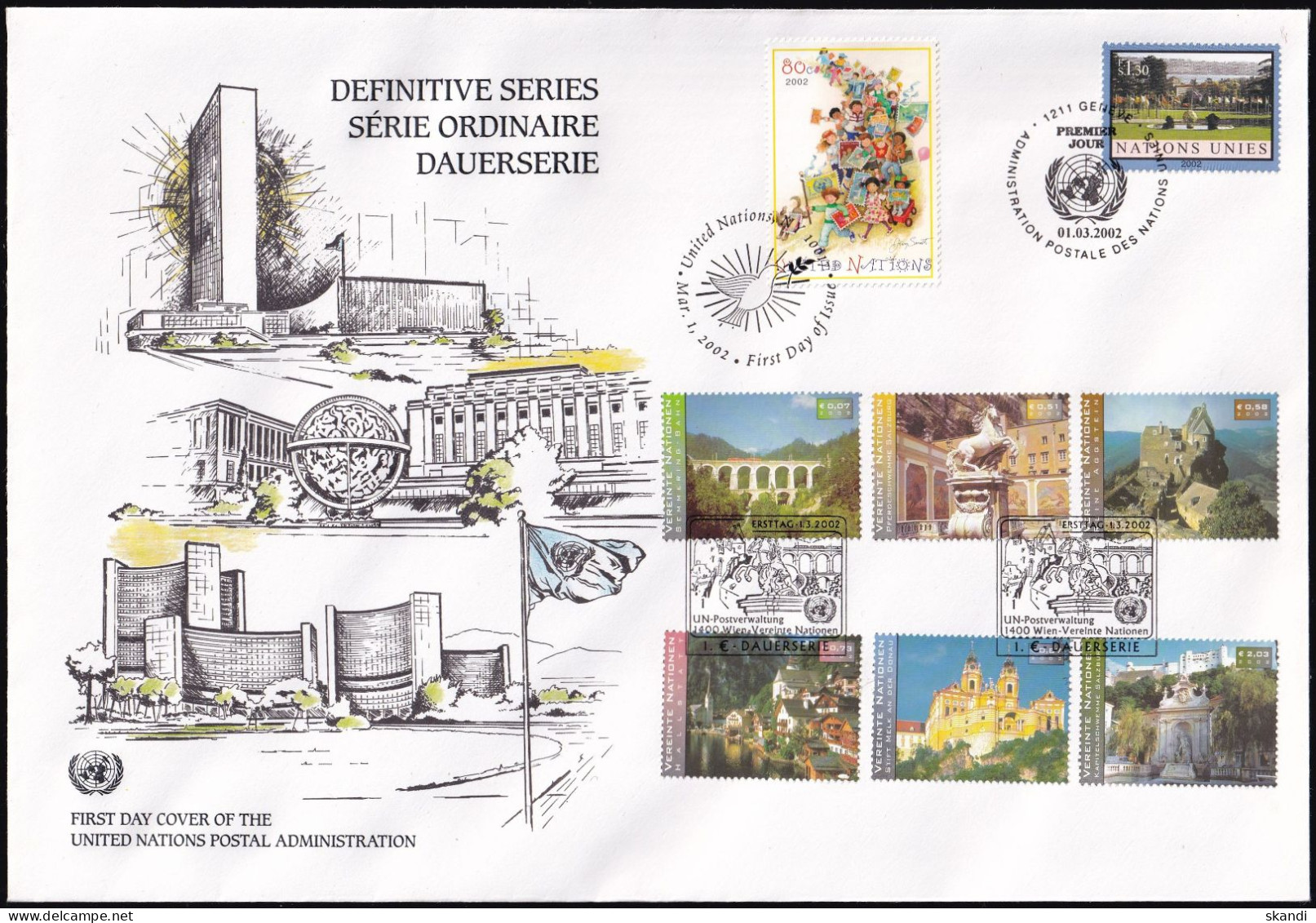 UNO NEW YORK - WIEN - GENF 2002 TRIO-FDC Dauerserien - Gemeinschaftsausgaben New York/Genf/Wien