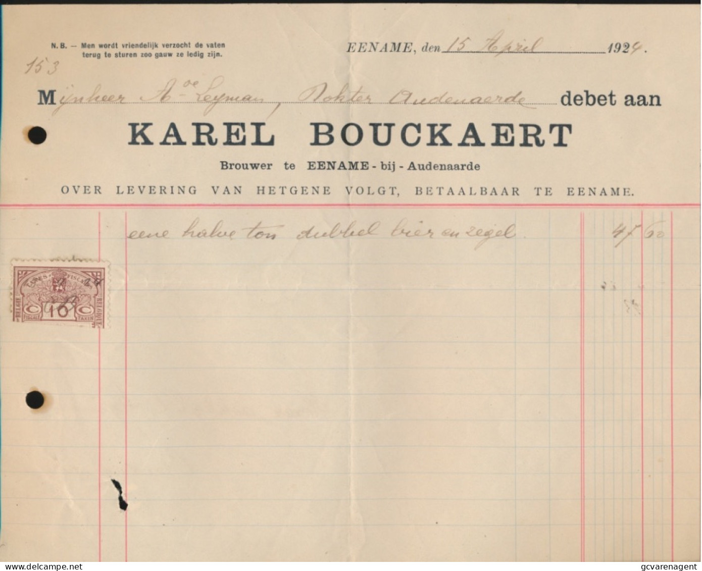 1924 BROUWER TE EENAME KAREL BOUCKAERT  EENE HALVE TON DUBBEL BIER EN ZEGEL - 1900 – 1949