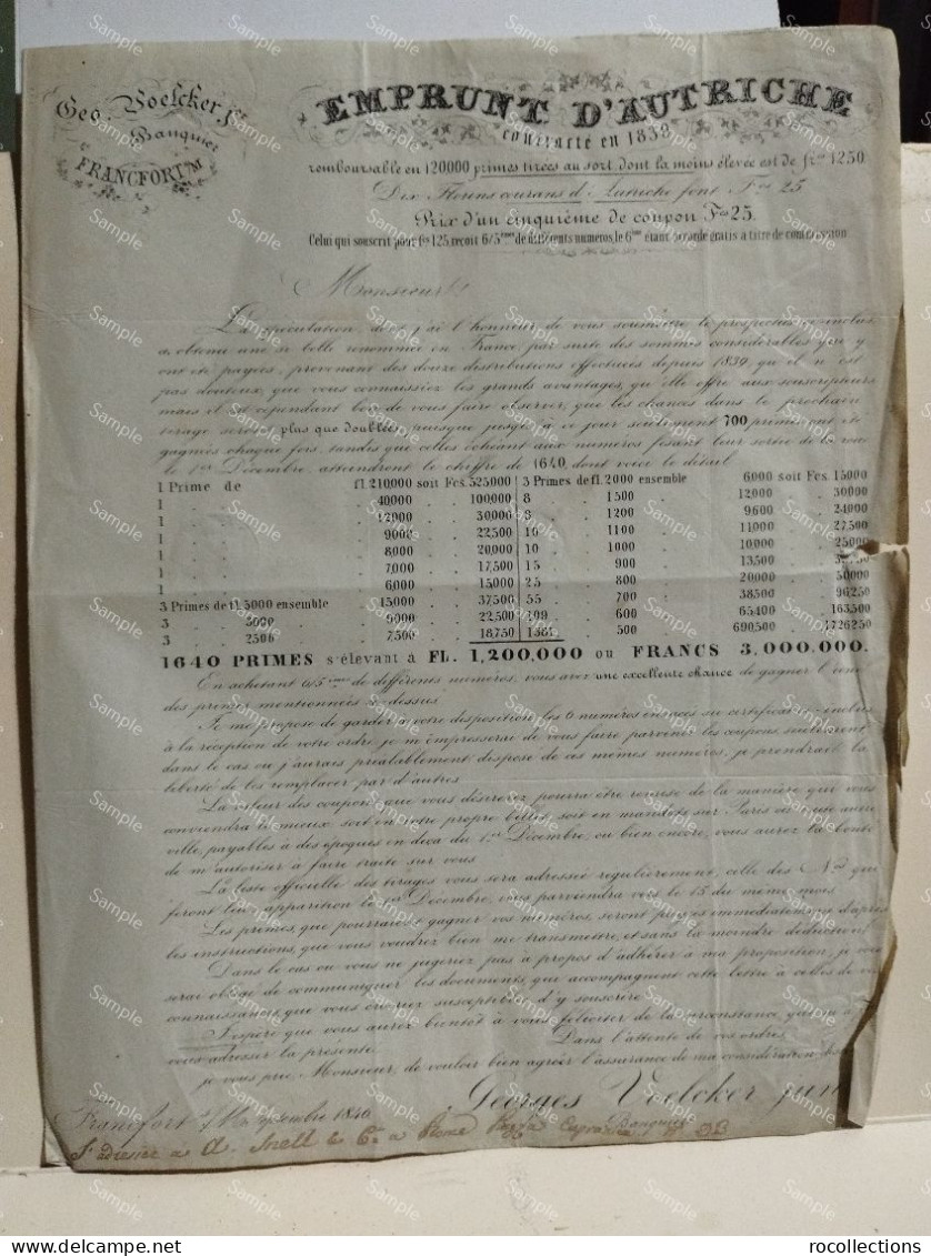 Letter To Rome. Loan From Austria EMPRUNT D'AUTRICHE Contracte En 1839. George Voelcker Bank Frankfurt Am Main 1846. - Sonstige & Ohne Zuordnung