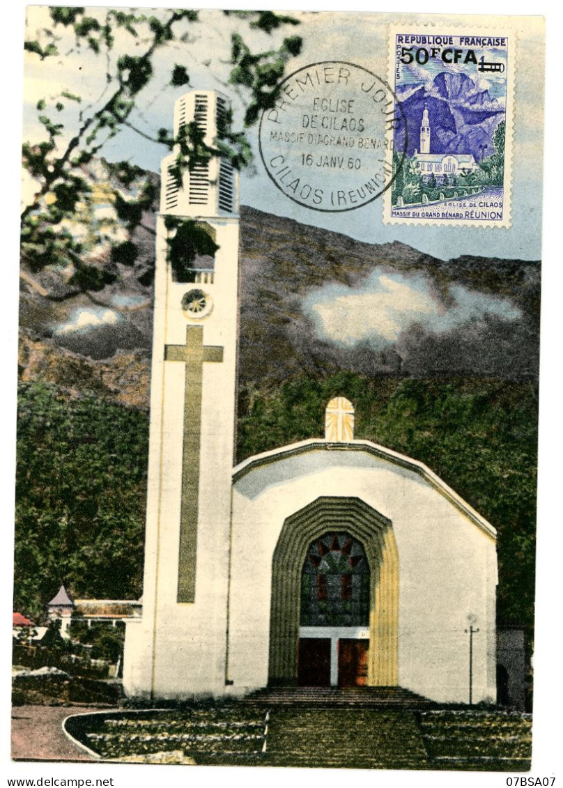 REUNION 50 F CFA / 1F EGLISE DE CILAOS SUR CP OBLIT 1ER JOUR 1960 - Cartas & Documentos