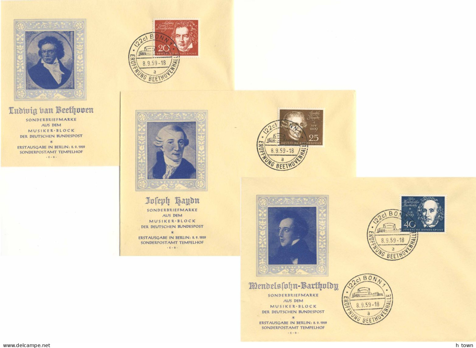 721  Beethoven, Haydn, Mendelssohn Bartholdy, Händel, Spohr: 5 Env. Premier Jour D'Allemagne, 1959 - FDCs From Germany - Music