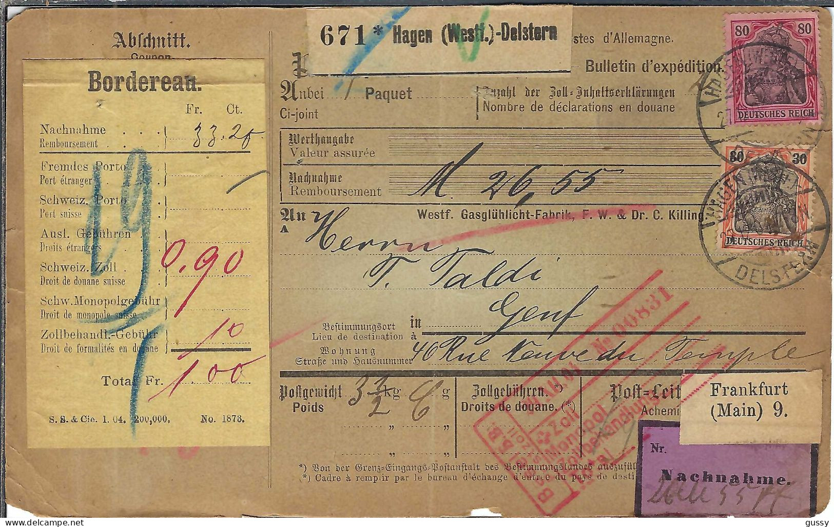 ALLEMAGNE Ca.1904: Bulletin D'Expédition CR De Hagen Pour Genève (Suisse) - Lettres & Documents