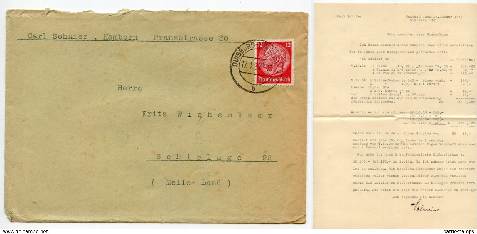 Germany 1937 Cover & Letter; Duisburg-Hamborn - Carl Schnier To Schiplage; 12pf. Hindenburg - Lettres & Documents