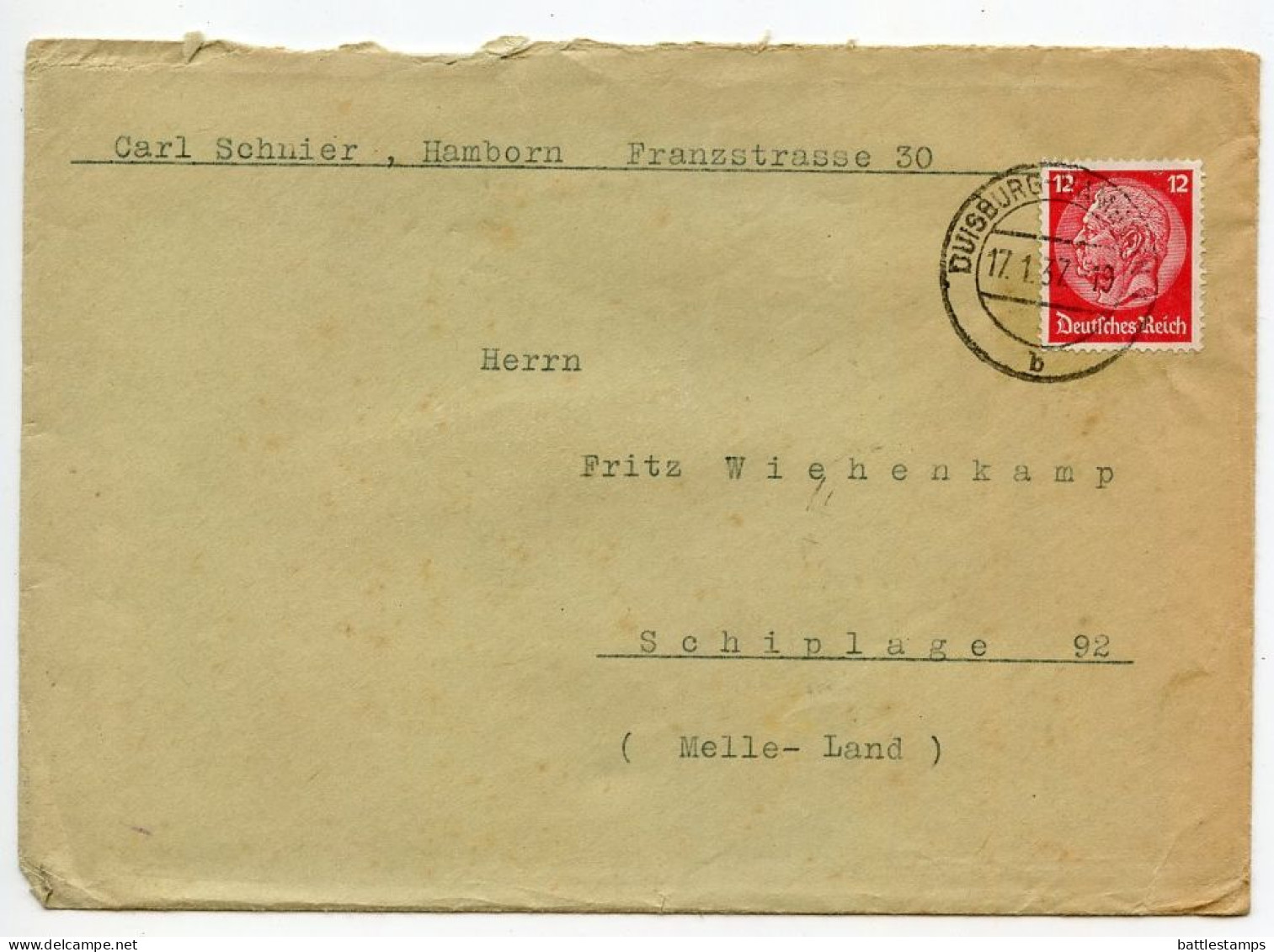 Germany 1937 Cover & Letter; Duisburg-Hamborn - Carl Schnier To Schiplage; 12pf. Hindenburg - Lettres & Documents