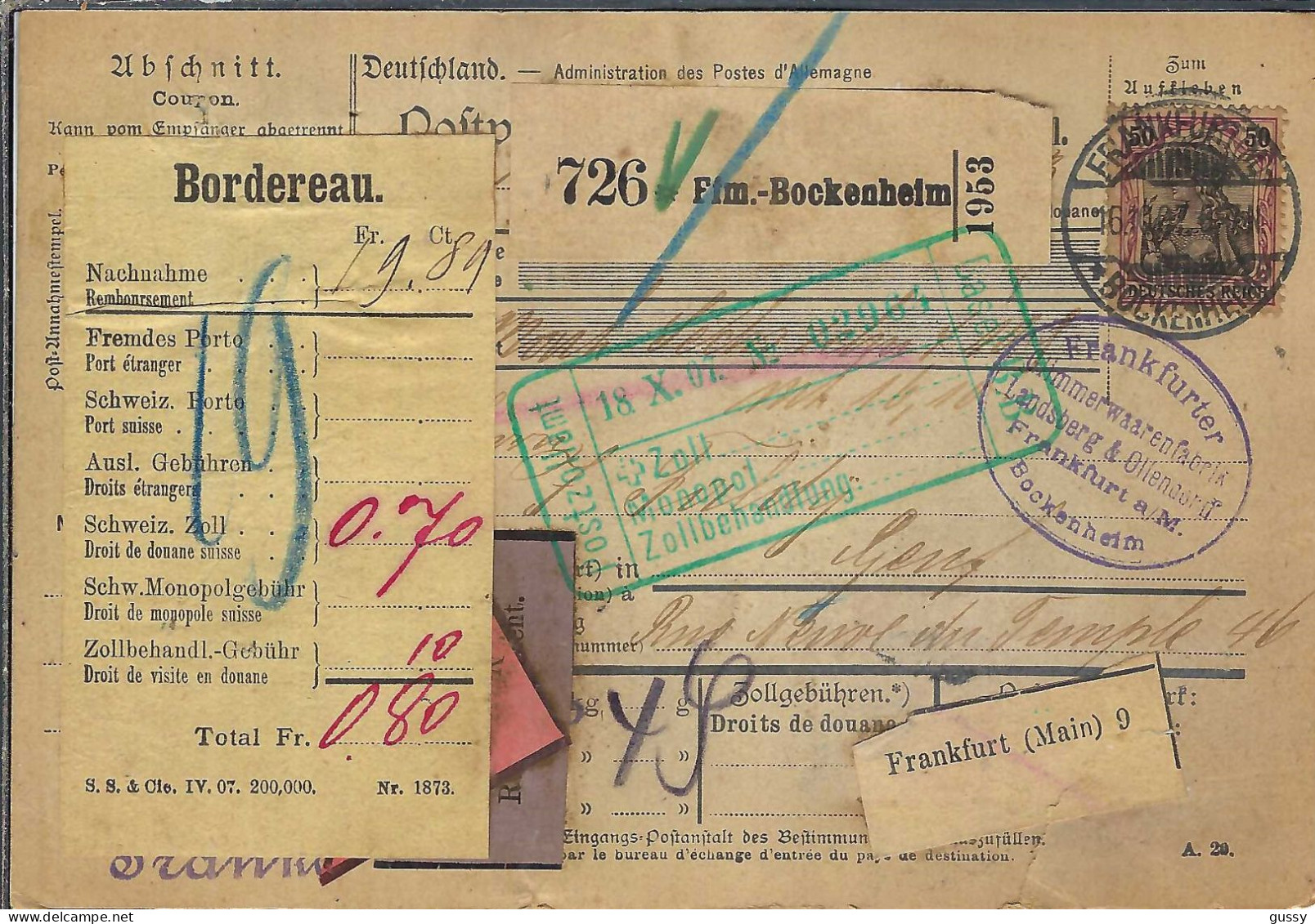 ALLEMAGNE Ca.1907: Bulletin D'Expédition CR De Fim.-Bockenheim Pour Genève (Suisse) - Covers & Documents