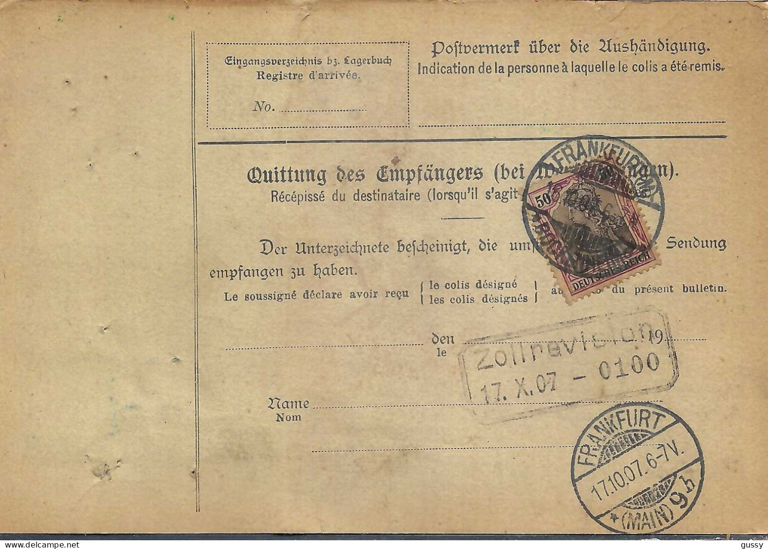 ALLEMAGNE Ca.1907: Bulletin D'Expédition CR De Fim.-Bockenheim Pour Genève (Suisse) - Lettres & Documents