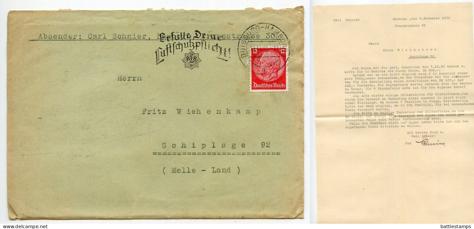 Germany 1936 Cover & Letter; Duisburg-Hamborn - C Schnier To Schiplage; 12pf Hindenburg; Luftschutzpflicht Slogan Cancel - Brieven En Documenten