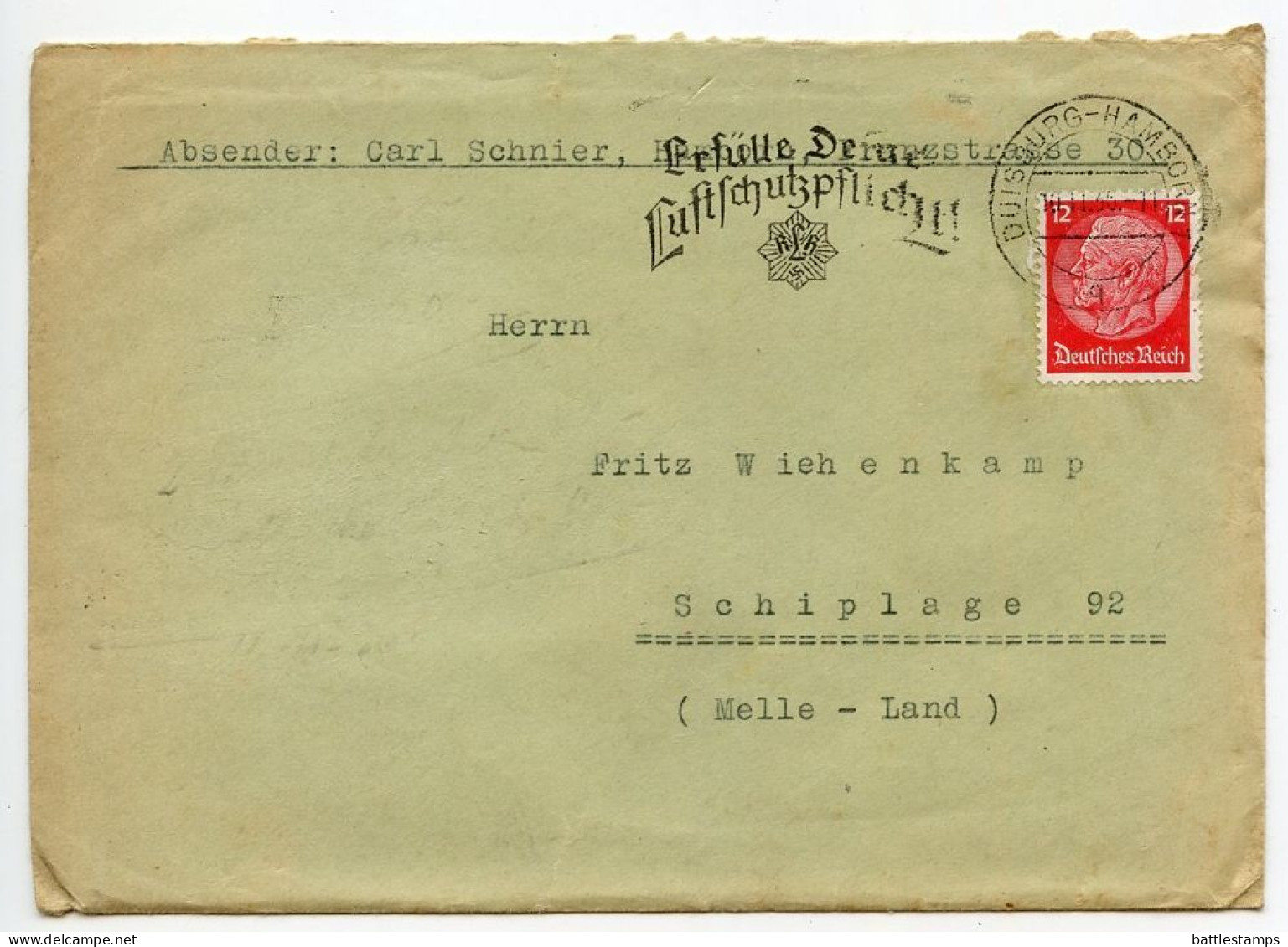 Germany 1936 Cover & Letter; Duisburg-Hamborn - C Schnier To Schiplage; 12pf Hindenburg; Luftschutzpflicht Slogan Cancel - Brieven En Documenten