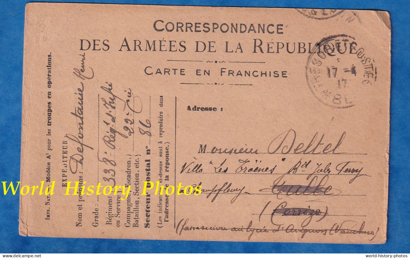 CPA Du Soldat Henri DEFONTAINE 338e Régiment à Monsieur Deltel à Champfleury - Décés Du Frére 1917 WW1 Poilu - Weltkrieg 1914-18