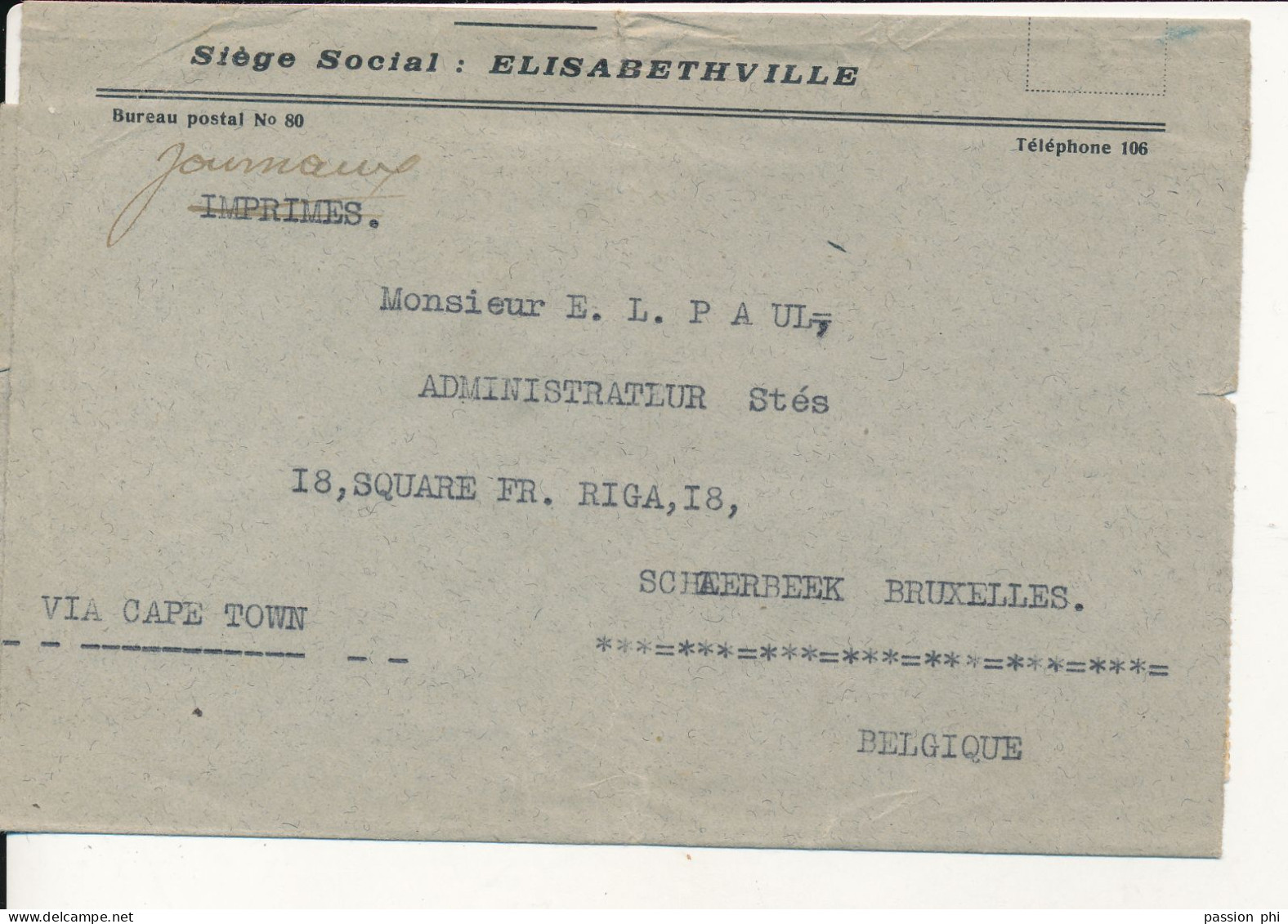 BELGIAN CONGO 5C AFFR.MULTIPLE  STANLEY BANDE DE JOURNAL E/VILLE 05.1932 VERS BRUXELLES - Brieven En Documenten