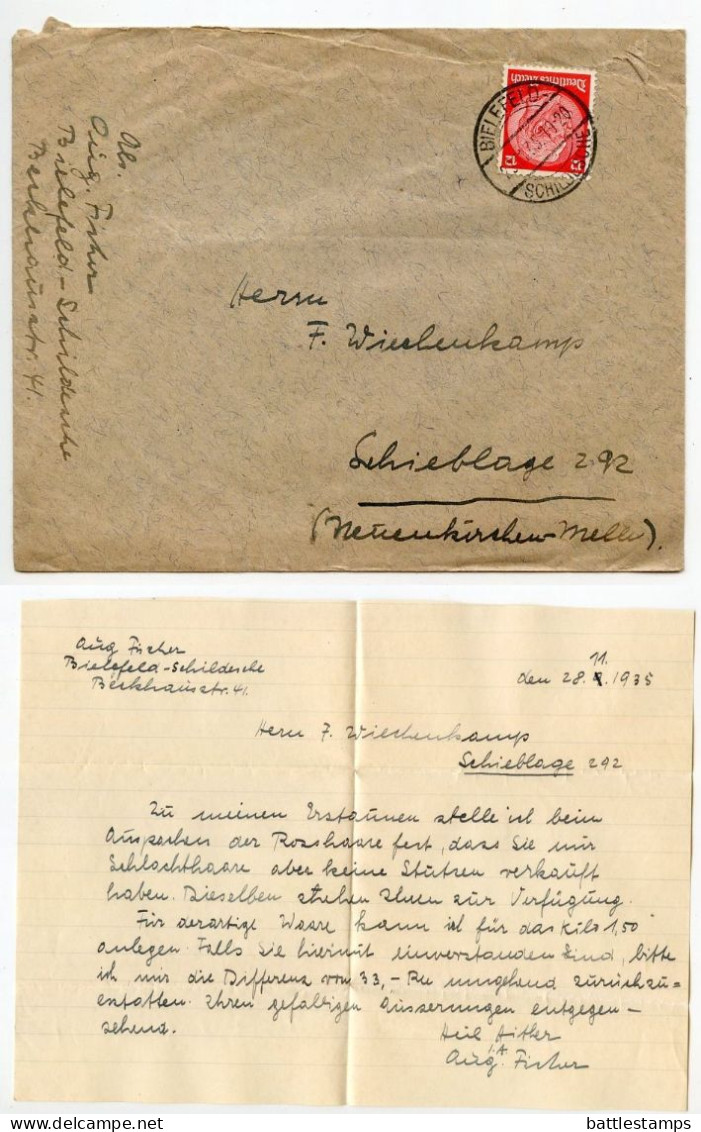 Germany 1935 Cover & Letter; Bielefeld - Schildesche To Schiplage; 12pf. Hindenburg - Covers & Documents