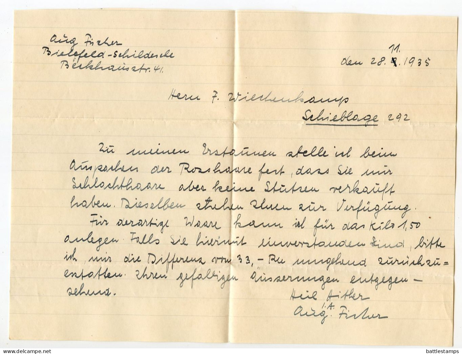 Germany 1935 Cover & Letter; Bielefeld - Schildesche To Schiplage; 12pf. Hindenburg - Briefe U. Dokumente