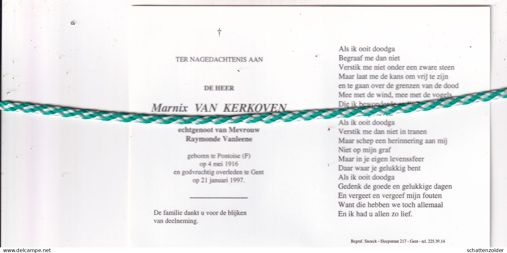 Marnix Van Kerkoven-Vanleene, Pontoise (F) 1916, Gent 1997. Foto - Décès