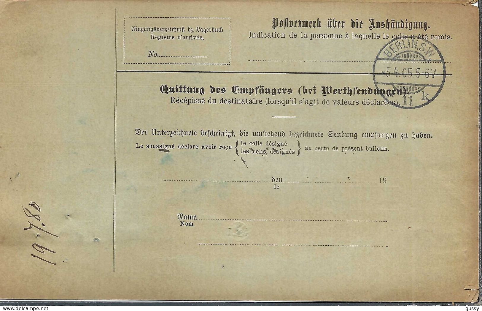 ALLEMAGNE Ca.1905: Bulletin D'Expédition CR De Berlin Pour Genève (Suisse) - Covers & Documents