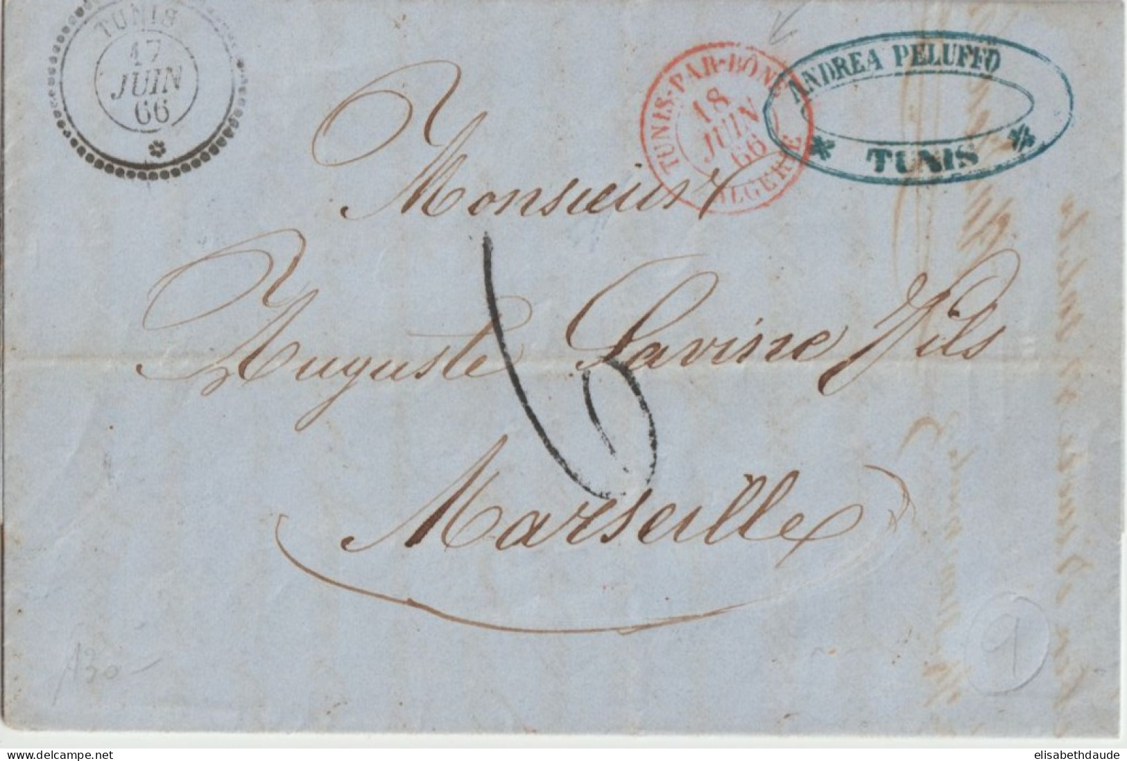 MARITIME - 1866 - CACHET AGENCE CONSULAIRE TUNIS PAR BÔNE ALGERIE + FLEURON SUP ! / LETTRE => MARSEILLE - Posta Marittima