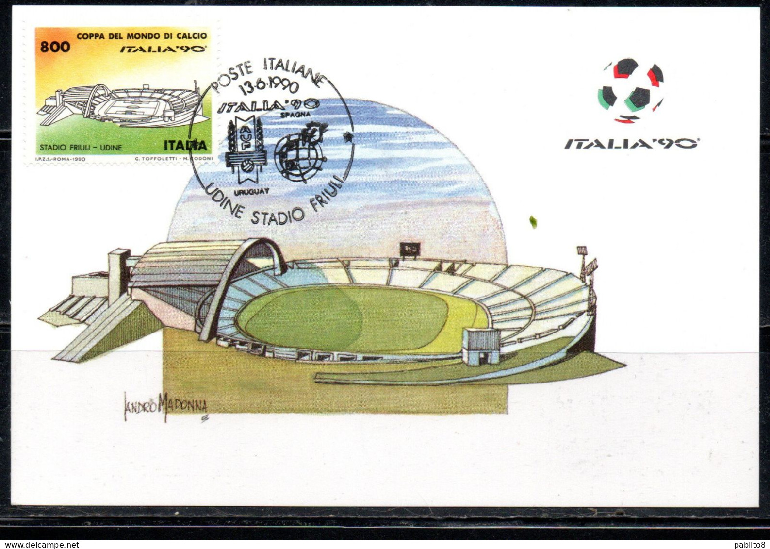 ITALIA 90 REPUBBLICA ITALY REPUBLIC 1990 COPPA DEL MONDO DI CALCIO STADIO FRIULI UD L. 800 MAXI MAXIMUM CARD CARTOLINA - Maximumkaarten