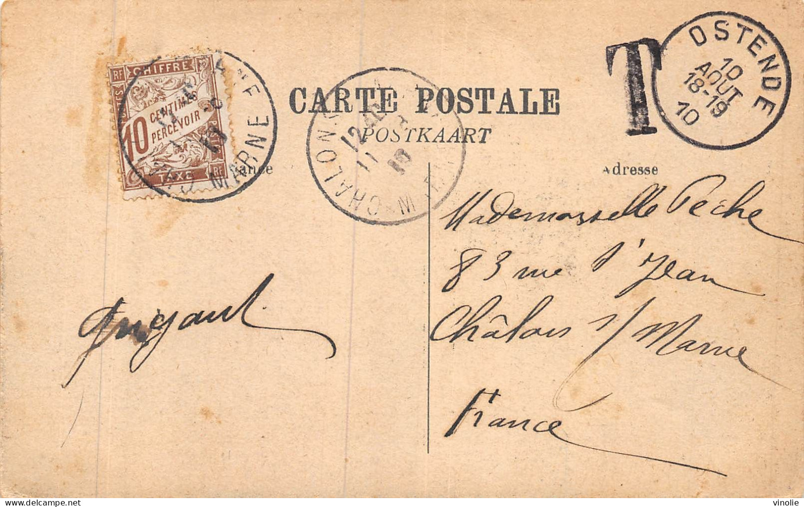 P-24-Mi-Is-2047 : CARTE POSTALE TAXEE AVEC TIMBRE 10 CENTIMES. 11 AOUT 1910  ET DEPART 10 AOUT 1910 ??? OSTENDE - 1859-1959 Lettres & Documents