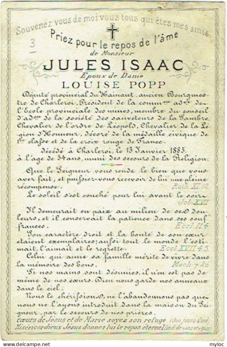 Doodsprentje. Image Mortuaire. Jules Isaac/Popp, Ancien Bourgmestre De Charleroi. 1831/1885. Ed. Bouasse, Paris. - Andachtsbilder