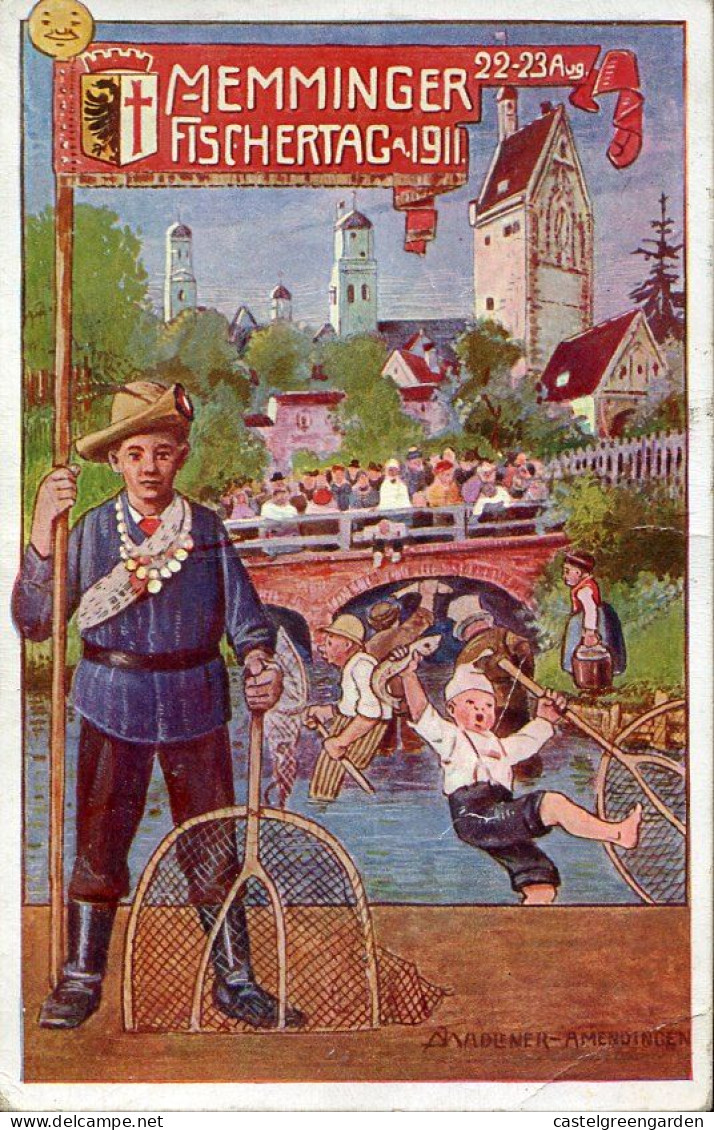 X0577 Bayern, Stationery Card Circuled 1911 Memminger Fischertag,showing Young Fishermen,junge Fischer,jeunes Pêcheurs - Postwaardestukken