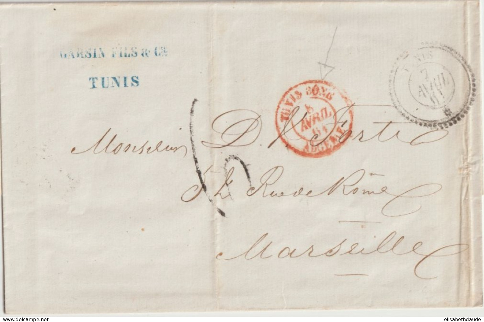 MARITIME - 1861 - CACHET AGENCE CONSULAIRE TUNIS BÔNE ALGERIE + FLEURON ! / LETTRE => MARSEILLE - Poste Maritime