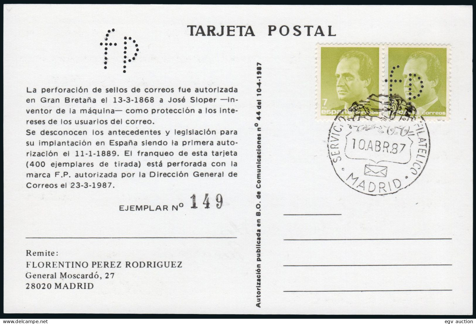 Madrid - Perforado - Edi O TP 2832 Pareja - Postal Con Perforación "fp" (Florentino Pérez) - Brieven En Documenten