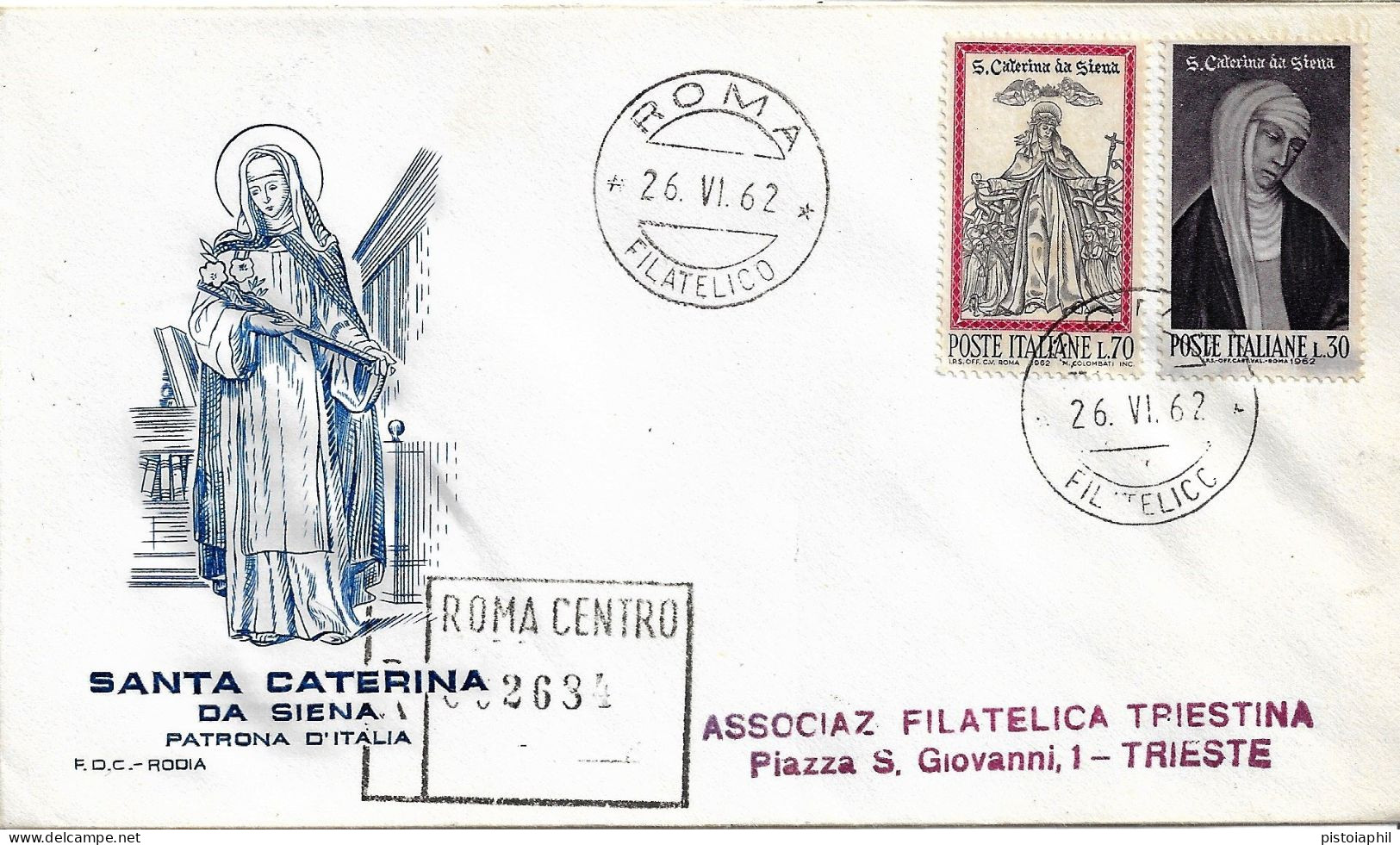 Fdc Rodia : SANTA CATERINA DA SIENA 1962;  Raccomandata; AF_Roma - FDC