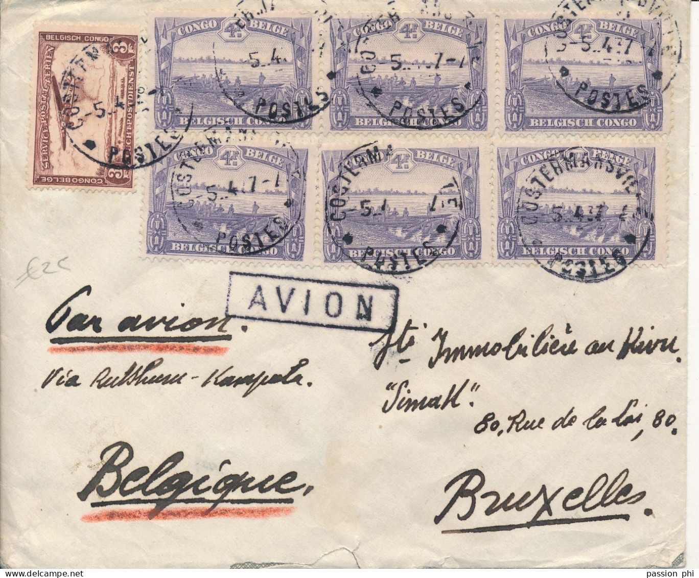 BELGIAN CONGO LETTRE PAR AVION DE COSTERMANSVILLE 05.04.37 TO BRUSSELS - Covers & Documents