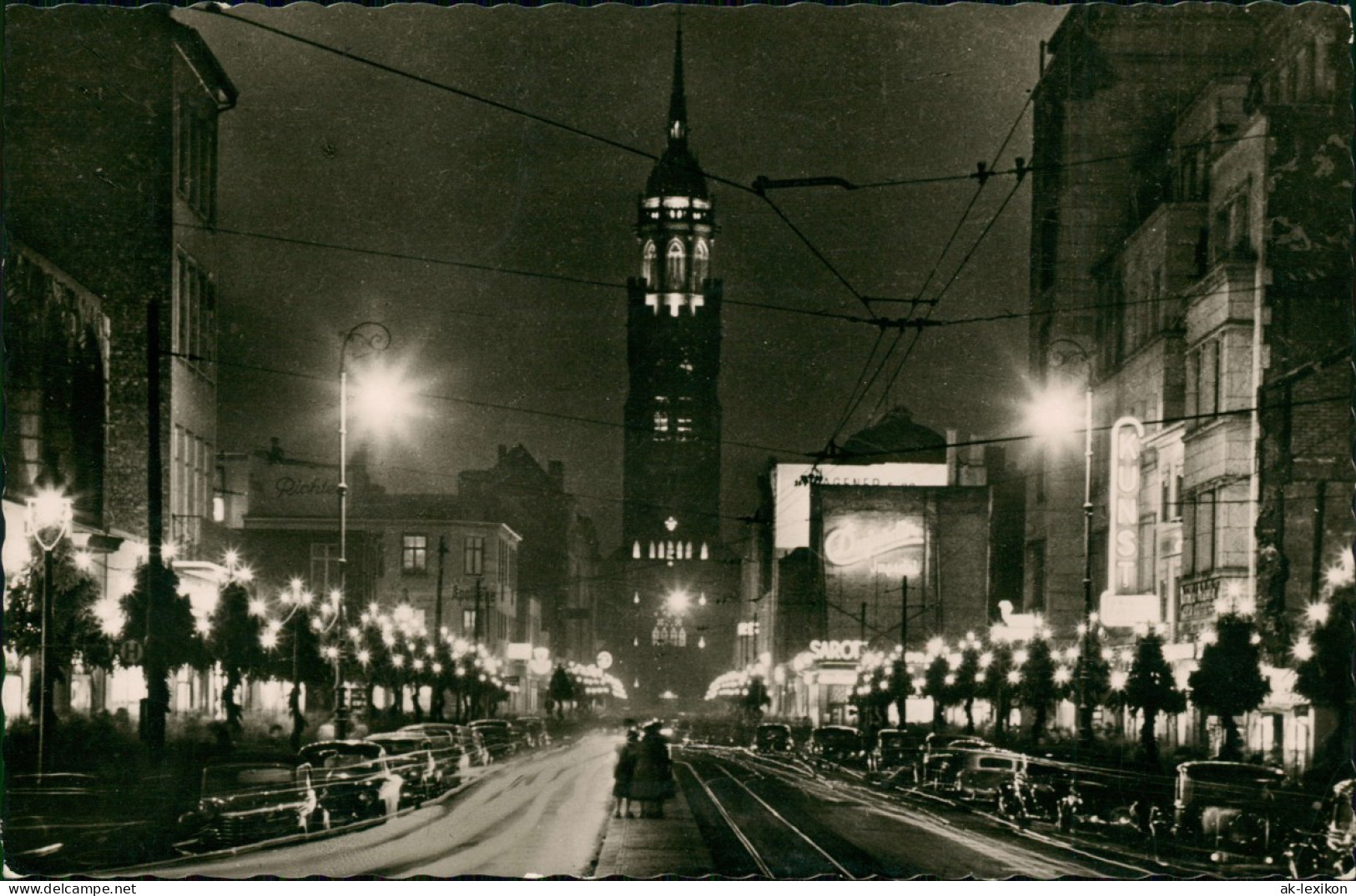 Ansichtskarte Krefeld Crefeld Rheinstraße Bei Nacht, Beleuchtung 1957 - Krefeld