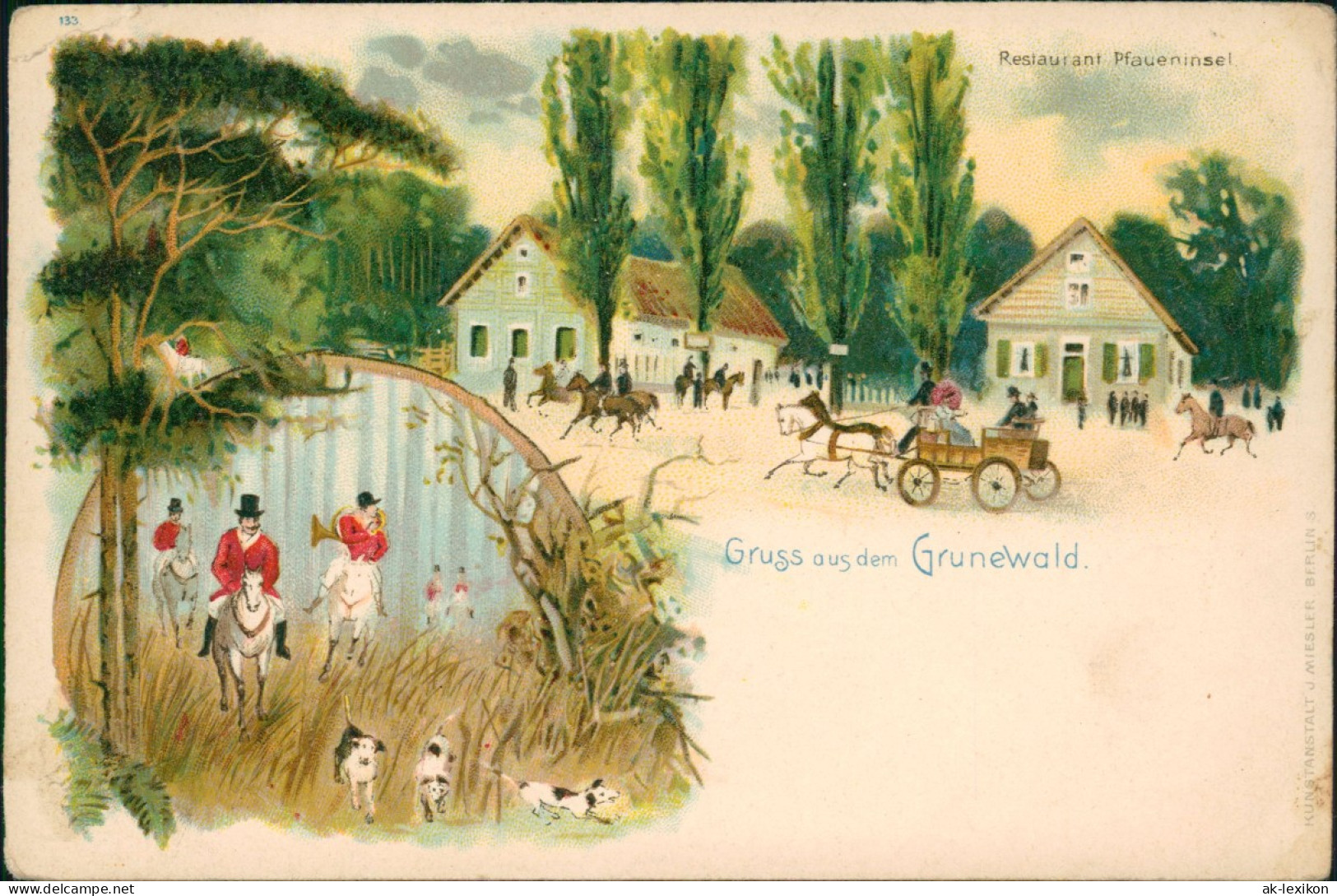 Grunewald-Berlin Litho AK 2 Bild Restaurant Pfaueninsel Jagd 1907 - Grunewald