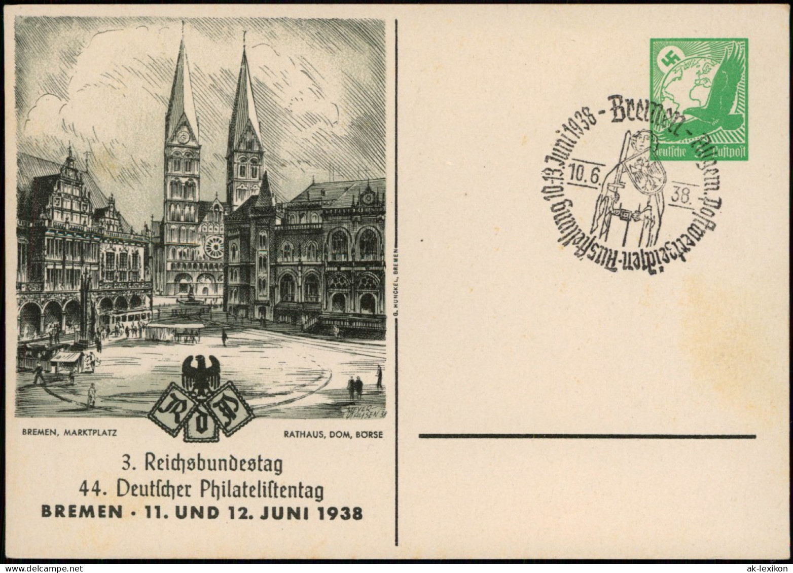 Ganzsache Bremen Marktplatz, 3. Reichsbundestag 1938  Sonderstempel - Bremen