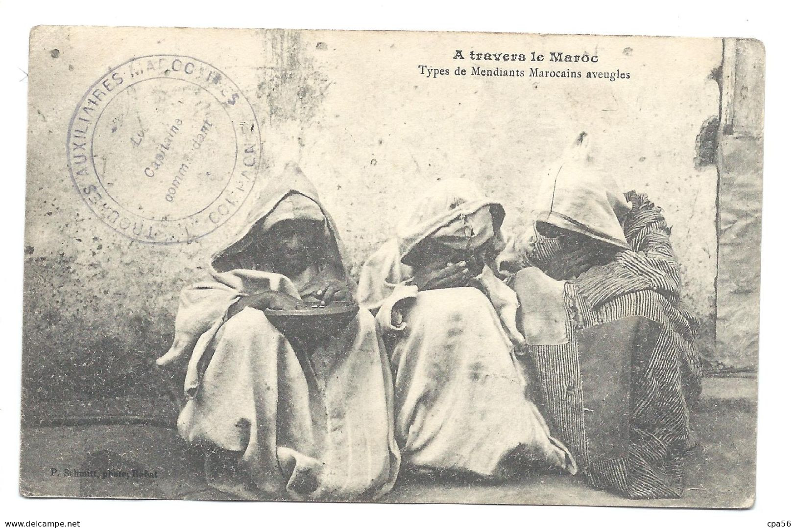 TYPES DE MENDIANTS MAROCAINS AVEUGLES - MEKNES 1913  + CACHET MILITAIRE TROUPES AUXILIAIRES MAROCAINES - Meknès