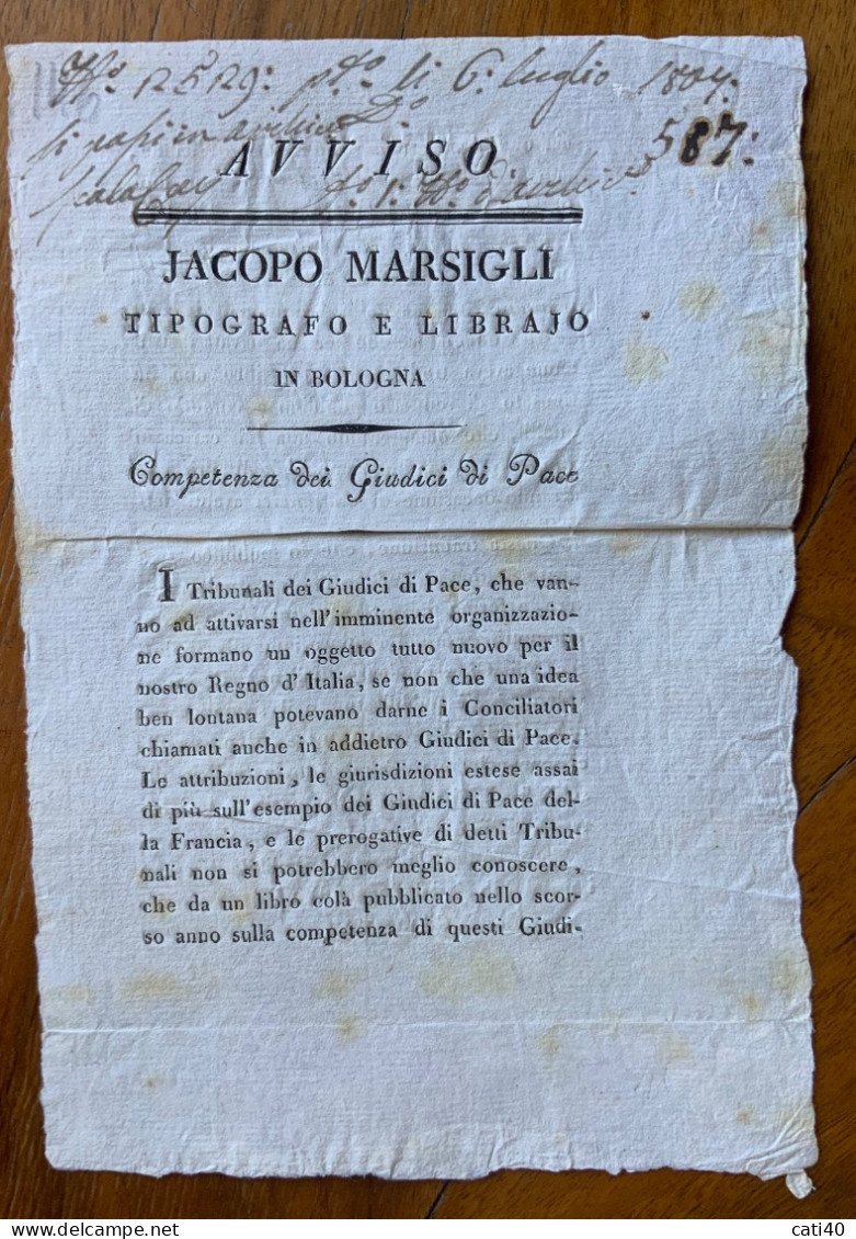 JACOPO MARSIGLI TIPOGRAFO LIBRAJO IN BOLOGNA - COMPETENZA DEI GIUDICI DI PACE ...LI 15 Giugno 1807 - Historische Dokumente