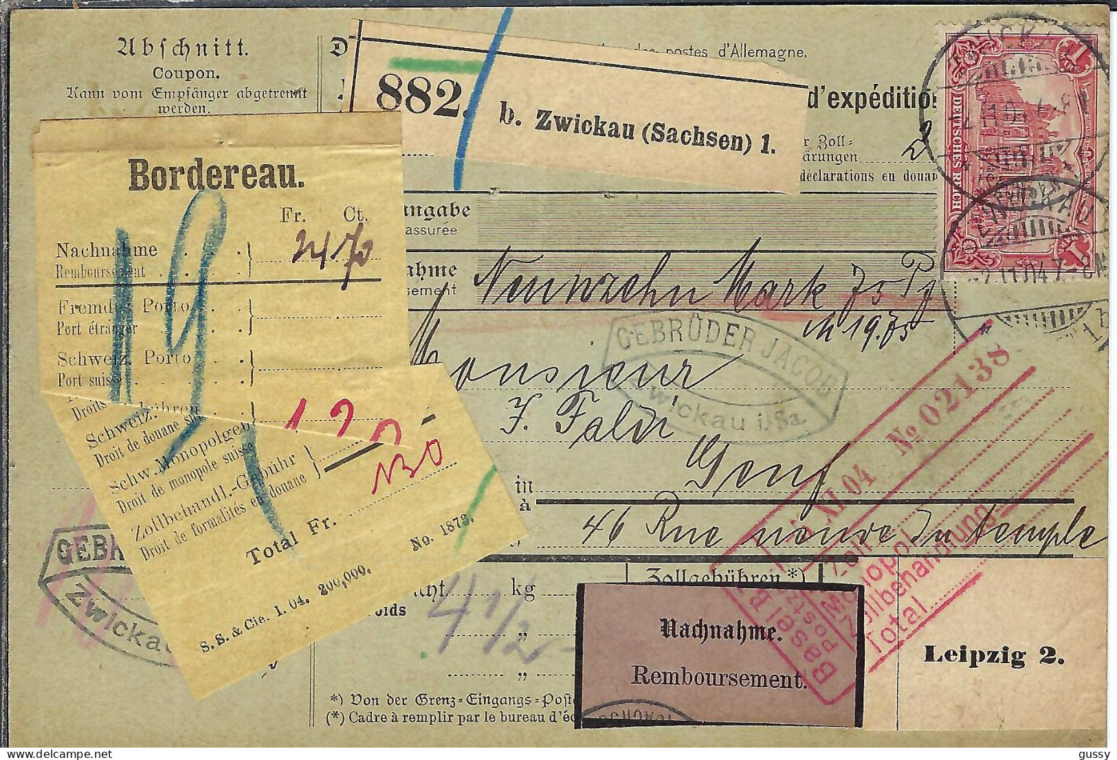 ALLEMAGNE Ca.1904: Bulletin D'Expédition CR De Zwickau Pour Genève (Suisse) - Lettres & Documents