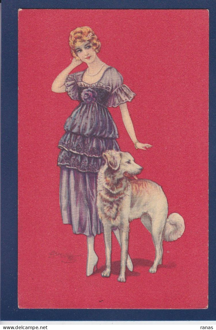 CPA CHERUBINI Art Déco Illustrateur Italien Femme Woman écrite Référence Illisible Chien Dog - Autres & Non Classés