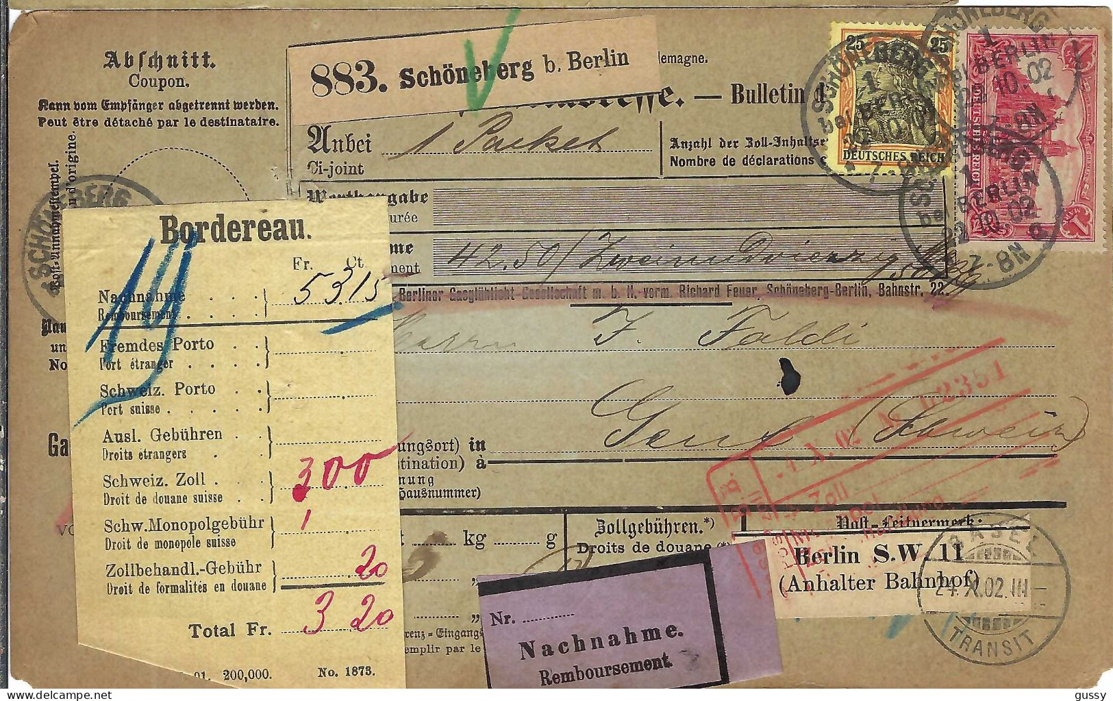 ALLEMAGNE Ca.1902: Bulletin D'Expédition CR De Schöneberg Bei Berlin Pour Genève (Suisse) - Lettres & Documents