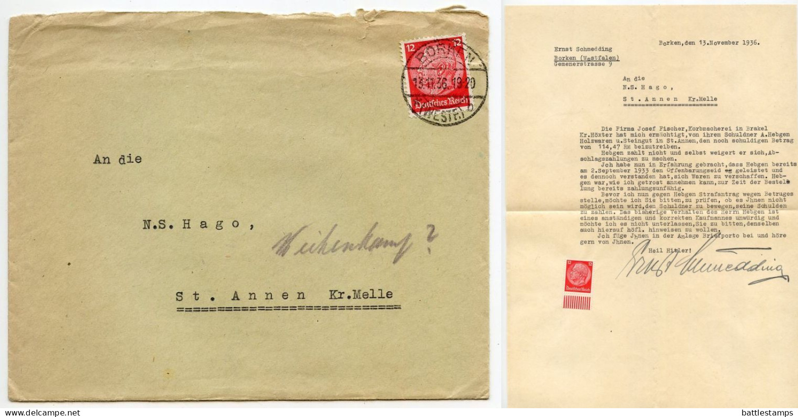 Germany 1936 Cover & Letter; Borken (Westf.) - Ernst Schmedding To Schiplage; 12pf. Hindenburg - Briefe U. Dokumente
