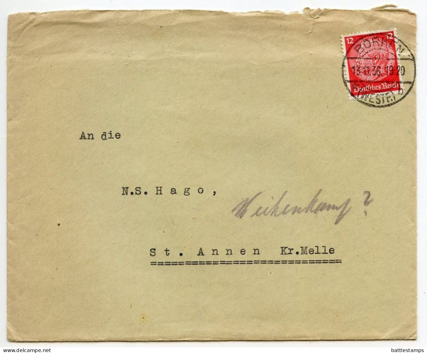 Germany 1936 Cover & Letter; Borken (Westf.) - Ernst Schmedding To Schiplage; 12pf. Hindenburg - Lettres & Documents