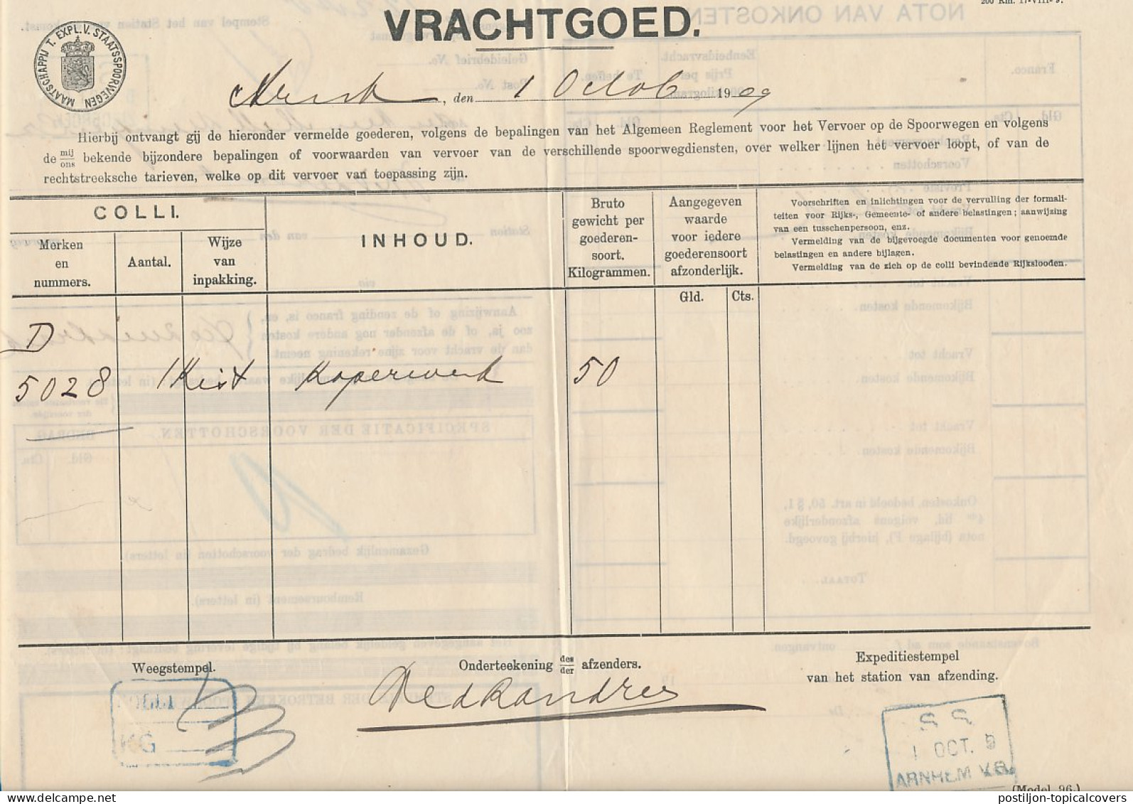 Vrachtbrief S.S. Arnhem - Zuidbroek - Wildervank 1909 - Ohne Zuordnung